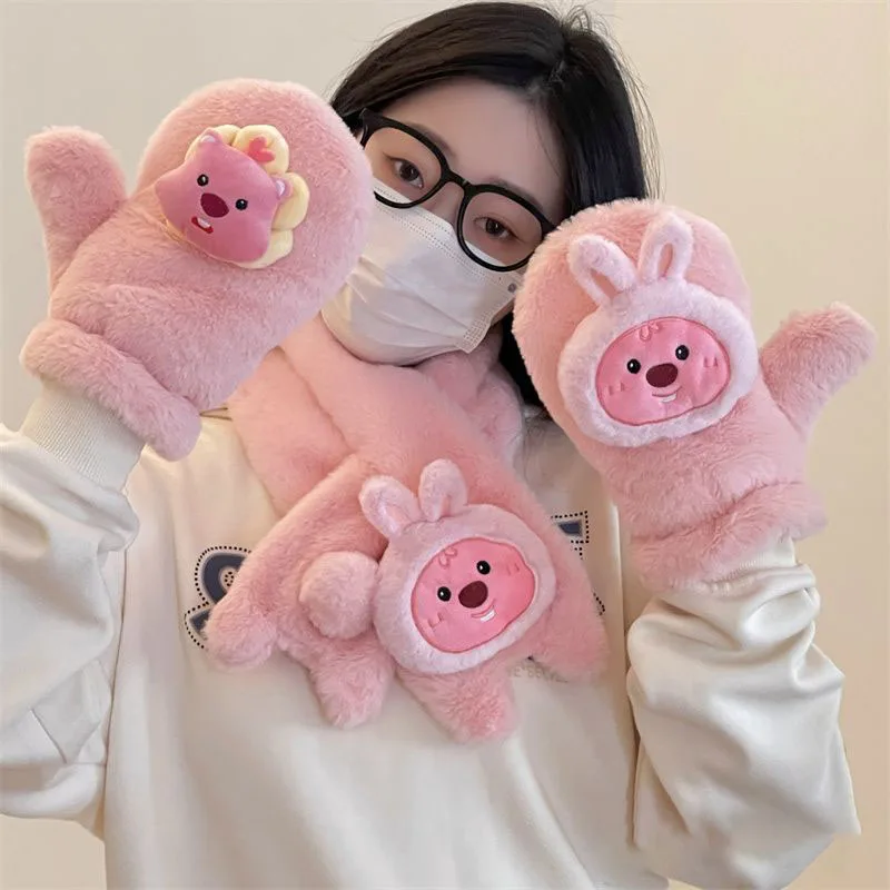 

Новинка Зима 2023 милые Мультяшные плюшевые перчатки Loopy шарф универсальный утолщенный сохраняющий тепло шарф перчатки для студентов и детей подарок на день рождения