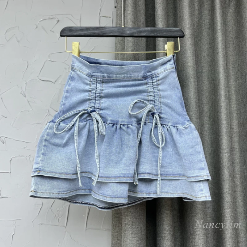 

2022 Summer Sweet Girl Pantskirt Female Denimwear Tied High Waist Puff Short Skirt Cake Faldas Women