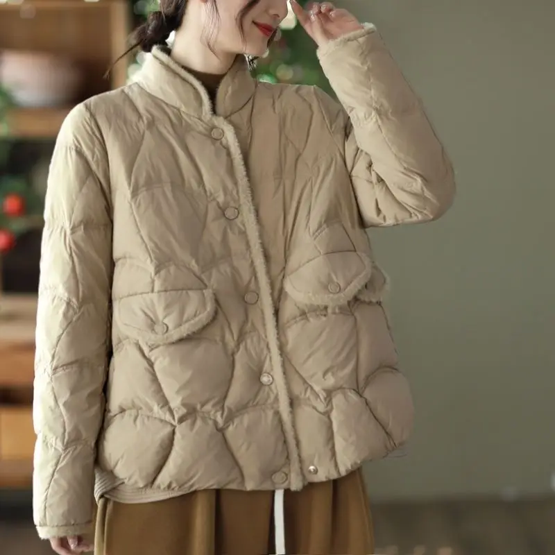 Down Jacket Women Winter White Duck Down Coat Mink Hair Stand Collar Snow Coat Rhombic Lattice Pockets Buttons Down Ladies M11