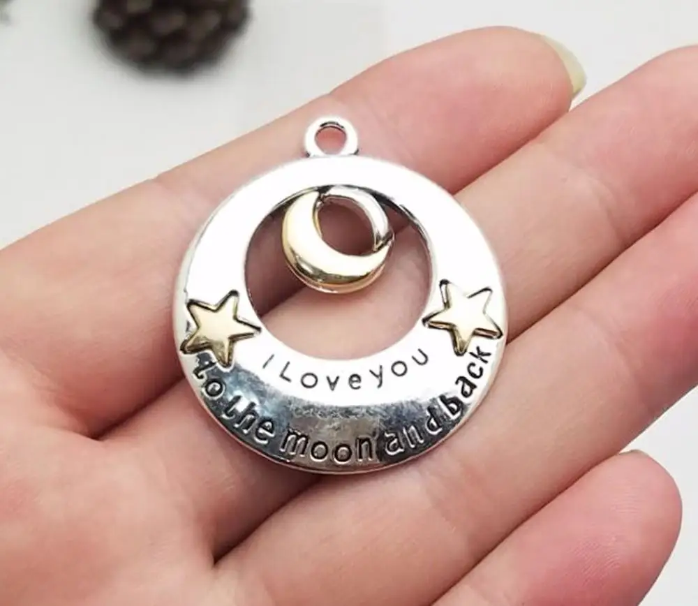

2 шт./лот-38x34 мм, посеребренные подвески в античном стиле с Луной и звездами, подвески «I Love You», аксессуары для изготовления ожерелья своими ру...