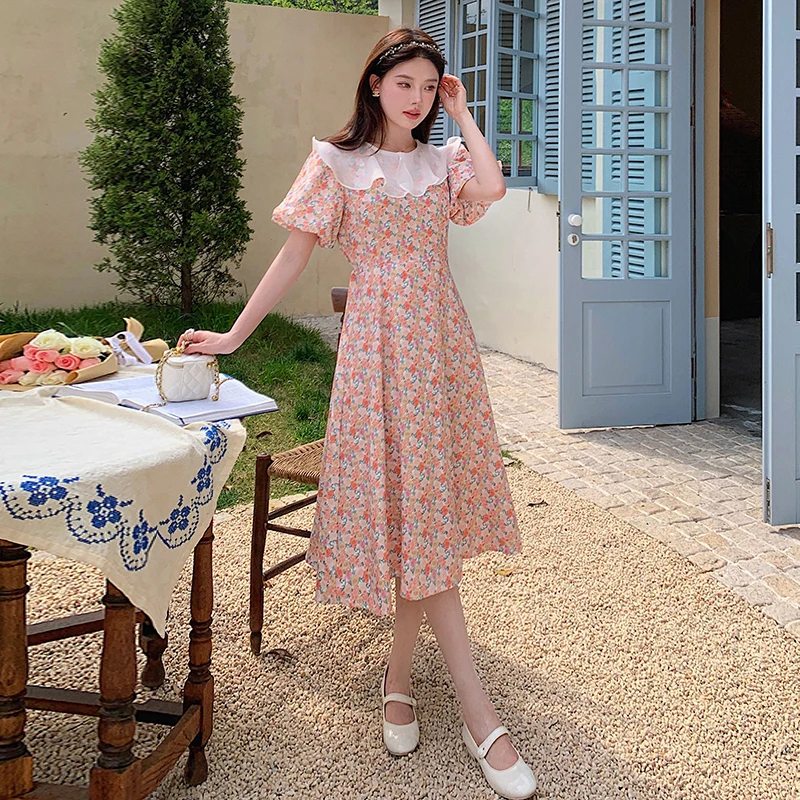 

Short Sleeve Women Summer Holiday Fashion Flowers Ladies Dress Chic Dress Printed Bench New Female Korean Style Dress 504A