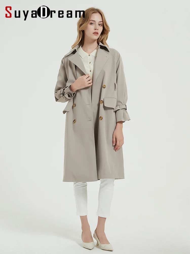 SuyaDream Womens' Trench Double Breasted Belted Chic Long Coat 2022 Fall Winter Office Lady Outwears Khaki Slate Blue