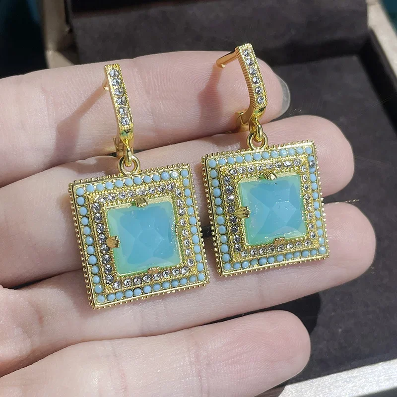 

Women Geometric Drop Earrings with Gorgeous Princess Square Blue Green Cubic Zirconia Boutique Jewelry Party Wearing Gold Color