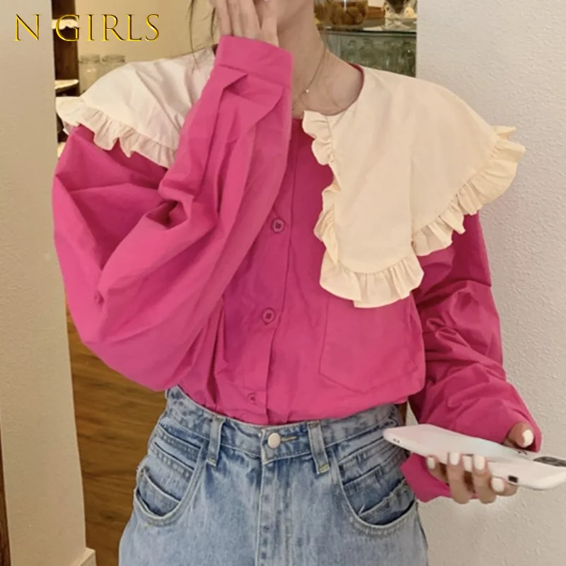

N GIRLS Chic Hit Color Peter Pan Collar Woman Shirts Causal Long Sleeve Top Blouses 2021 Autumn New Sweet Blusas Femme 6Z397