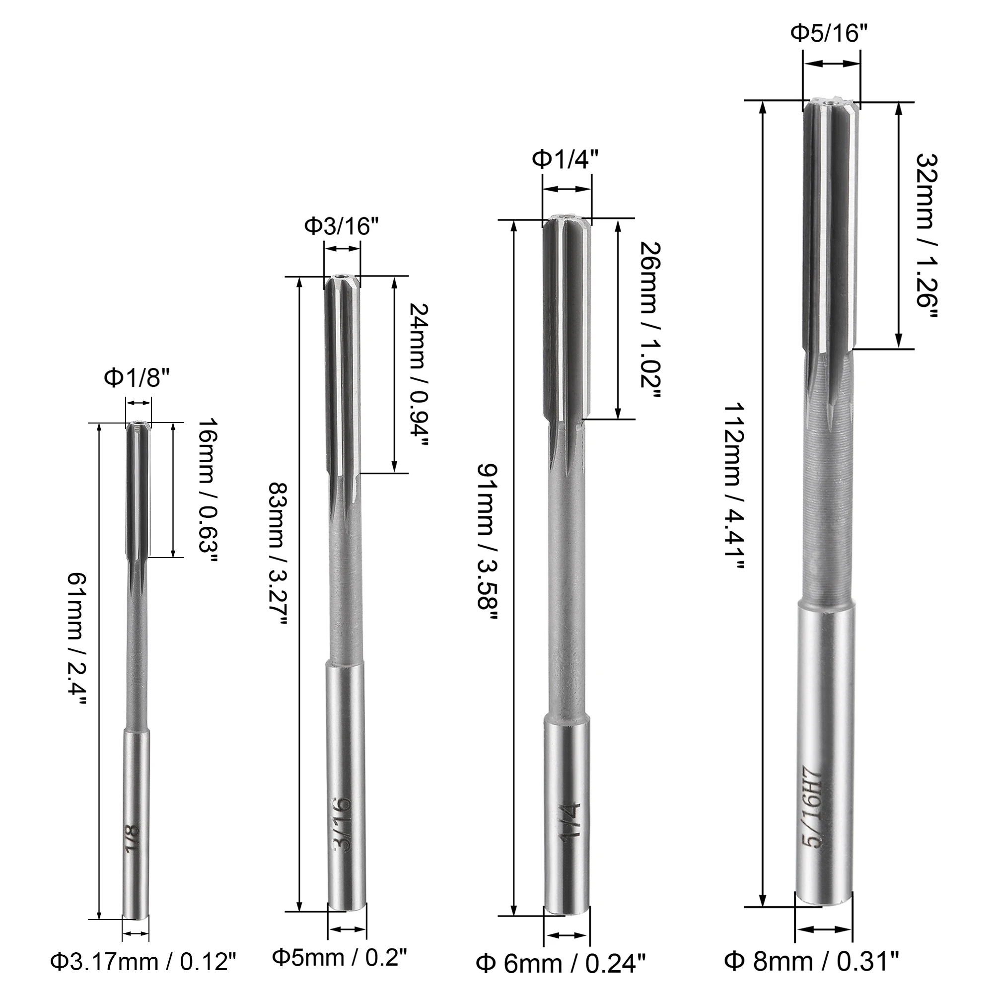 Utoolmart 1/8&quot 3/16&quot 1/4&quot 5/16&quotHSS H7 Chucking Reamer U.S. Machine Milling Cutter Tool Accessorie Straight Flutes 4pcs |