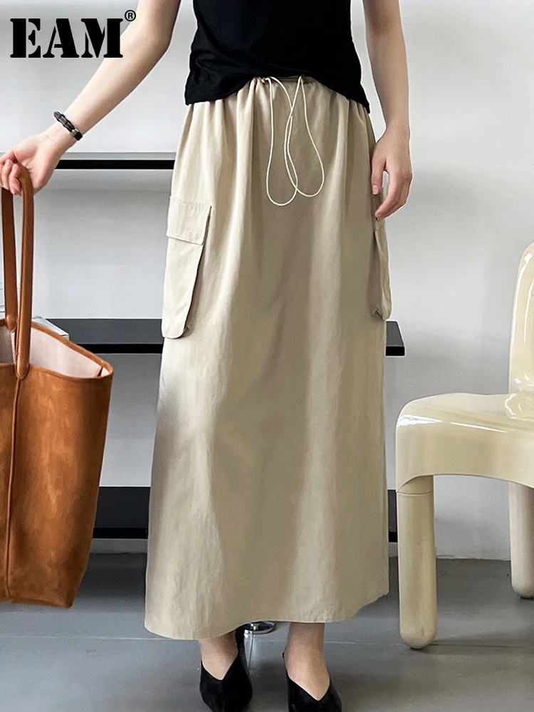 

[EAM] High Waist Drawstring Khaki Big Pockets Long Casual Half-body Skirt Women Fashion Tide New Spring Autumn 2023 1DF7515