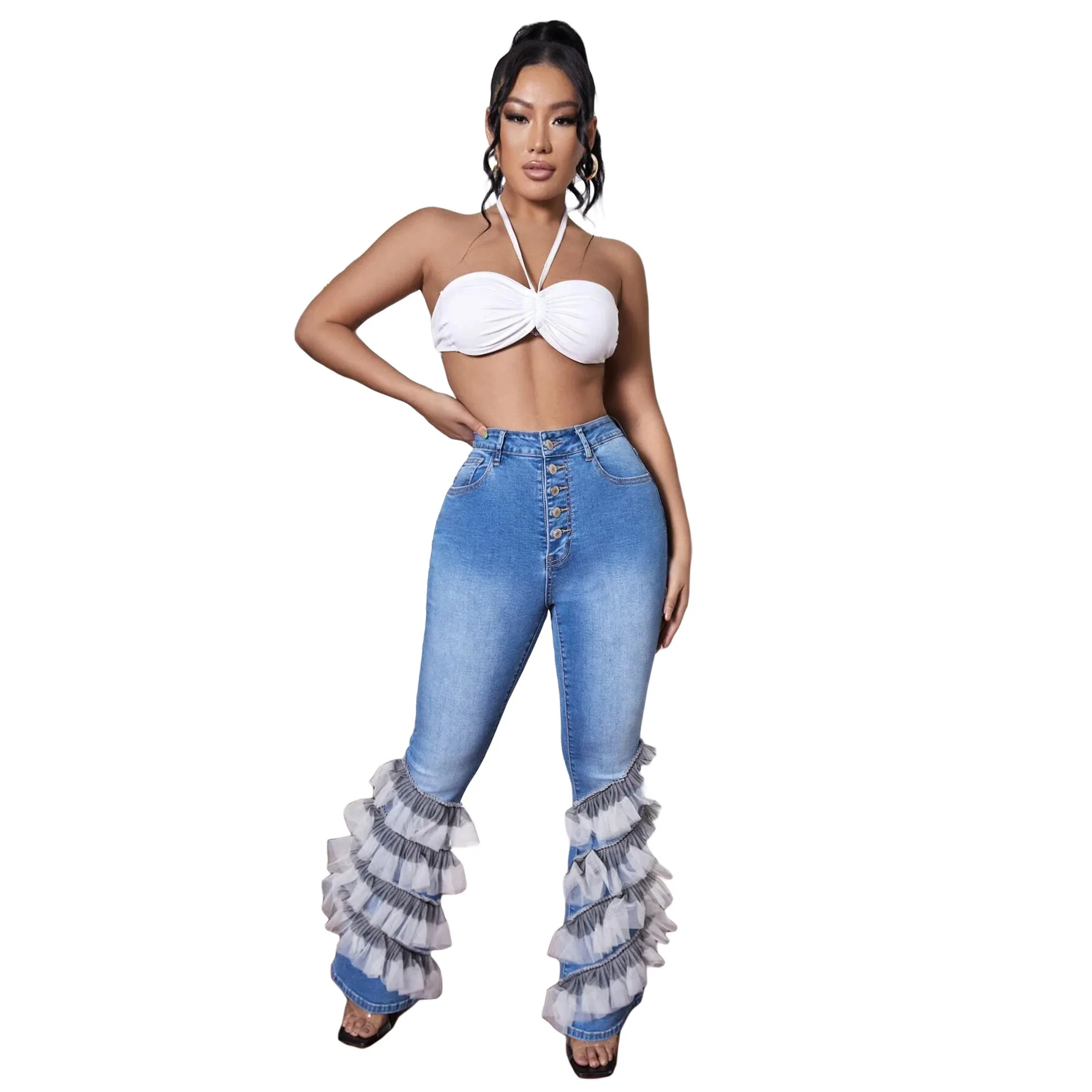 

Women's Jeans high waist long small flare pants