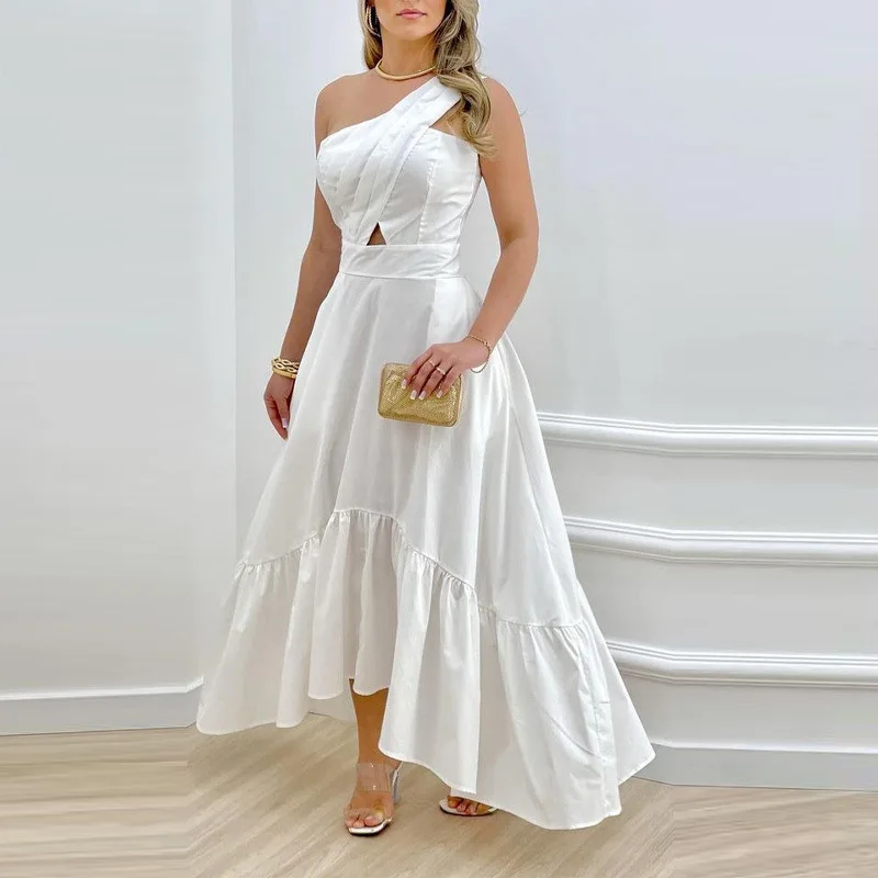 

Wepbel Big Swing Maxi Dress Women Sexy Diagonal Collar Waist Trimming Ruffles Large Swing Dress Sleeveless Summer Party Dress