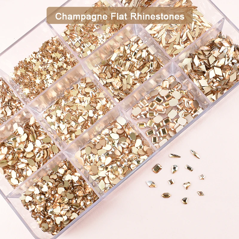 

Champagne Series Nail Art Rhinestone Diamond Heart Shape Flat Bottom Mixed Shape Glass 3D Jewelry DIY Decoration