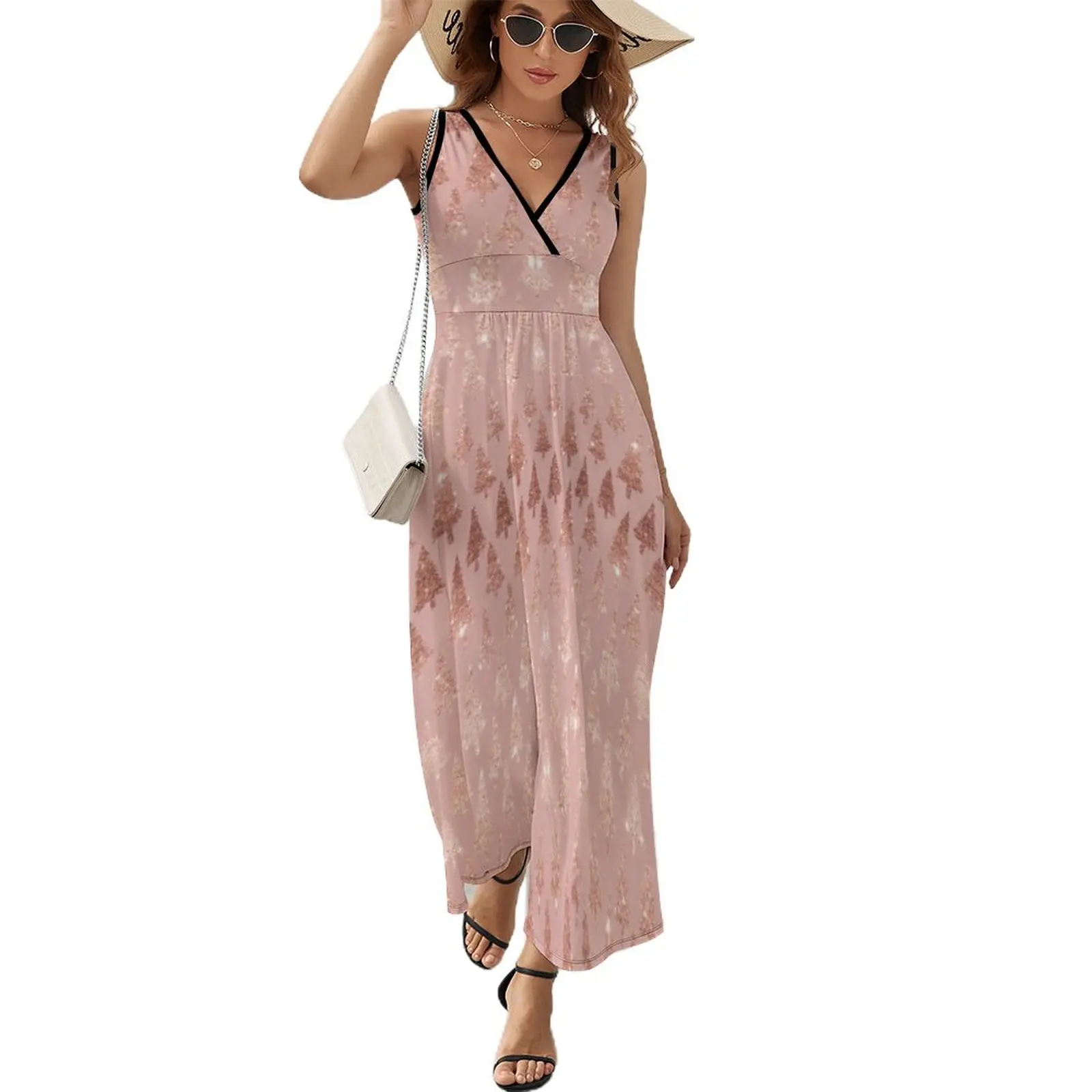 

Elegant Rose Gold Metallic Dress Glitter Pink Mauve Xmas Trees Night Club Maxi Dress Summer Street Style Boho Beach Long Dresses