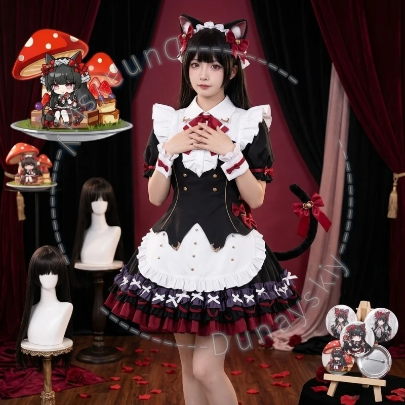 Фото Костюм горничной Chisa Cat Tail Sweet Gothic: черно-бело-красное мини-платье с рюшами, длинный парик, значок Wuthering Waves для Хэллоуина и косплея №1