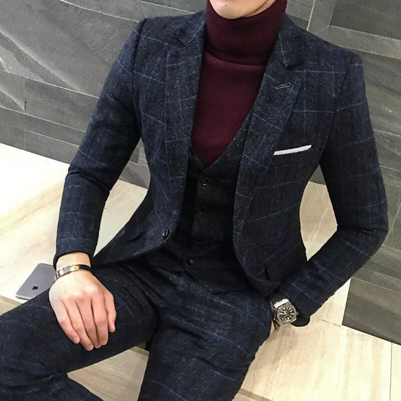 

(Jacket + pants + vest) Luxury Slim 3 piece suit men's suit latest design suit fashion Men plaid wedding dress tuxedo men&#3