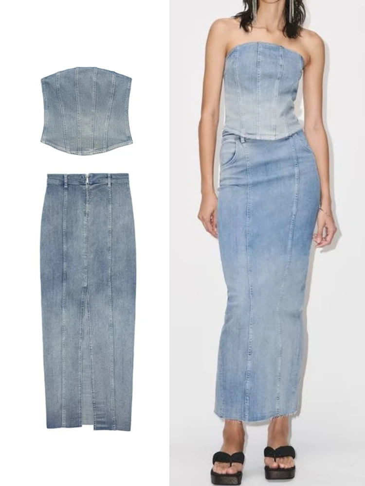 

TRAF Skirt Suit Women's 2023 Fashion Strapless Tank Tops Back Zipper Denim Tops+Chic Split Denim Skirt Women's Sets