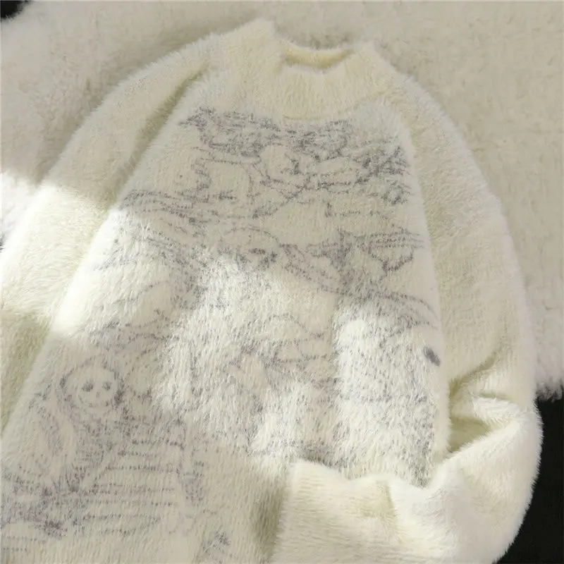 

F GIRLS Vintage imitation mink fleece sweater women autumn and winter lazy trendy round sweater skull jacquard furry pullover