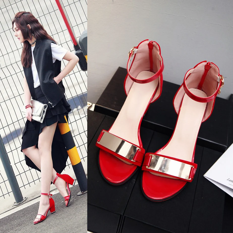

Liuyezhidu High-heeled Women's Fashion 2022 Summer Zipper Thick Heels Shoes Pumps Red Black Buckle Small Size Roman Sandals