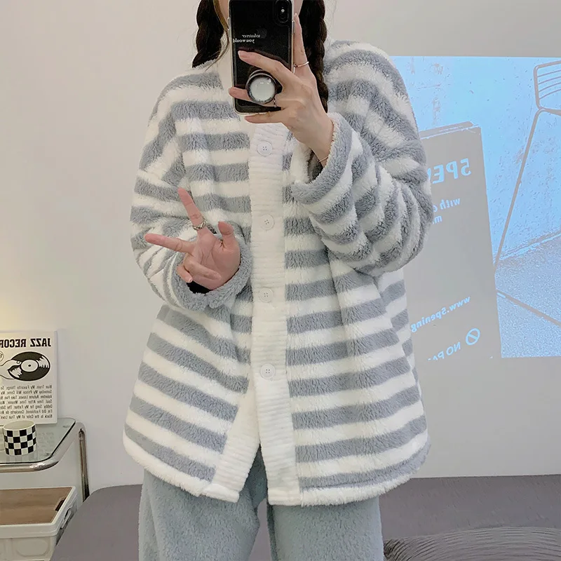 Yasuk Winter Women Girl Casual Warm Soft Sleepwear Pajamas With Pant Velvet Fleecel Cute Thick Pocket Simple Grey Stripes