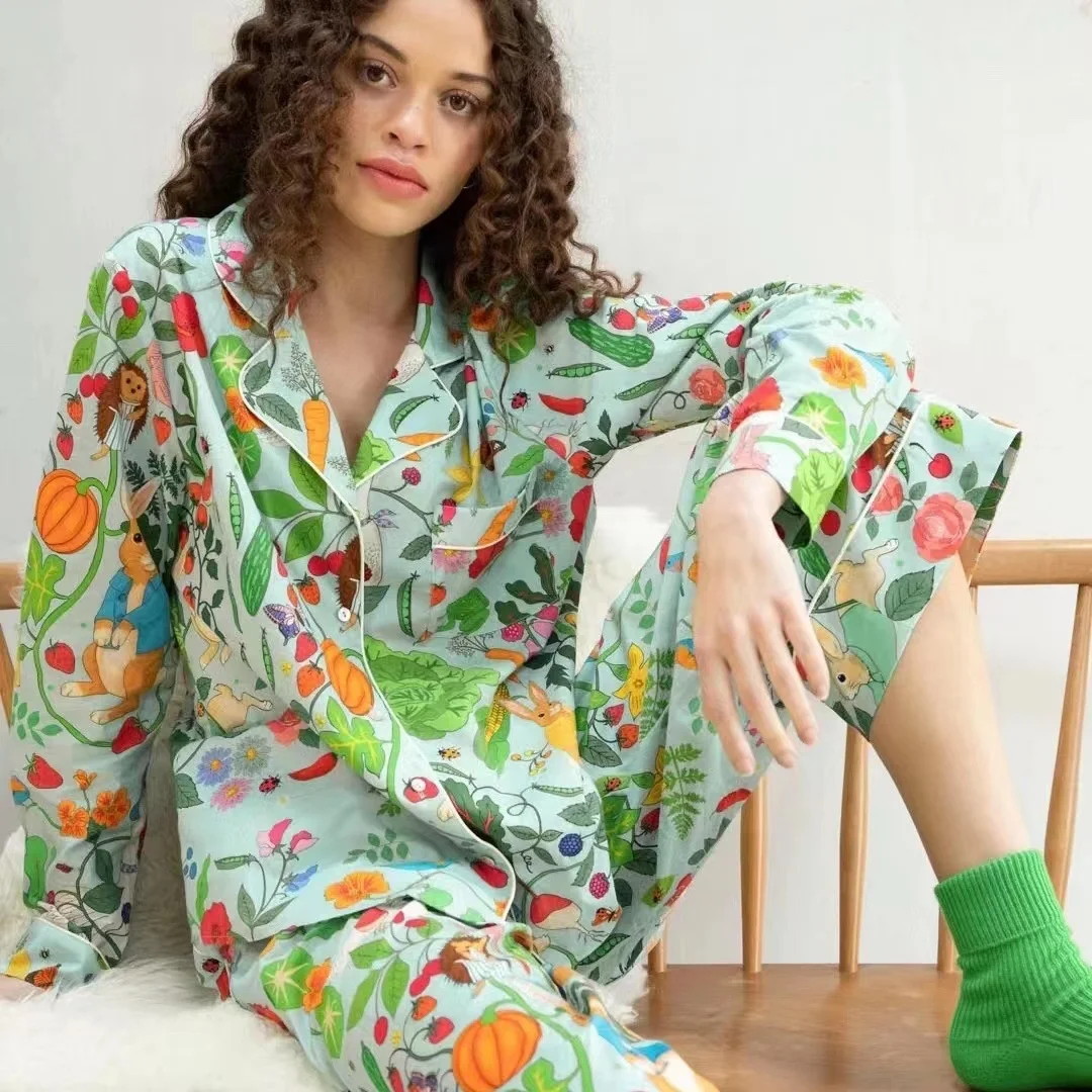 

New Satin Green Print Sleepwear For Women Pyjamas Long-Sleeved Trousers 2 Pcs Ladies Pajamas Set Loose Silk Nightwear Home Suit