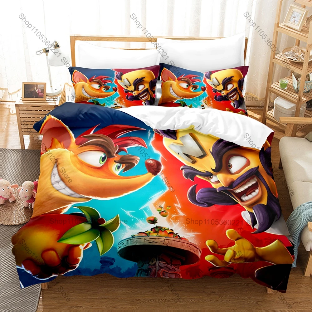 Фото Комплект постельного белья Crash Bandicoot: пододеяльник + 2 наволочки, декор для спальни в стиле ретро с персонажами мультфильмов из платформерной игры, для геймеров №1