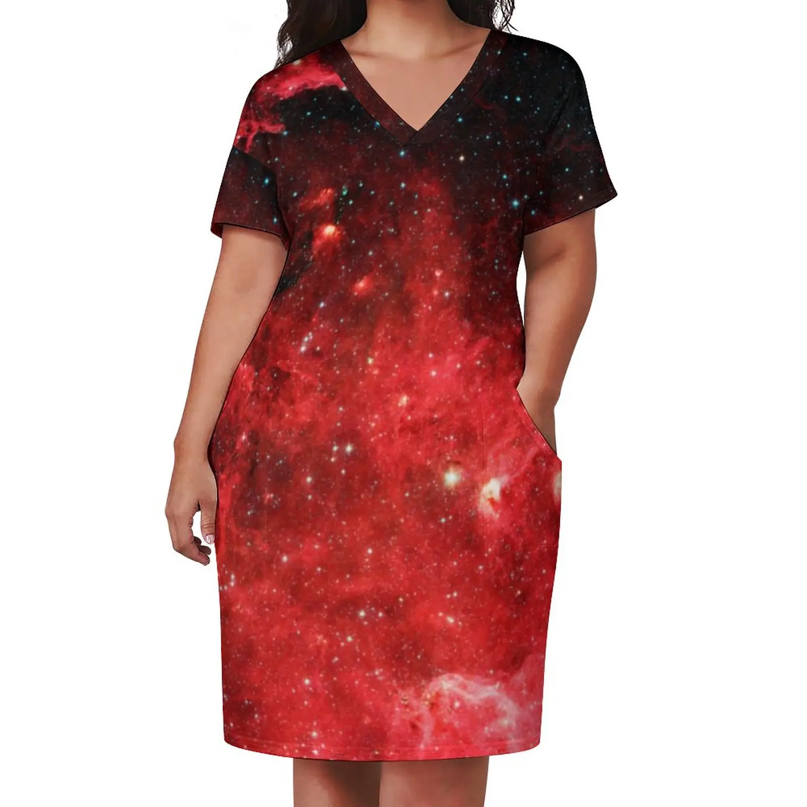 Red Galaxy Sky Dress Plus Size North America Nebula Street Style Casual Dress Female Holiday Short Sleeve Cute Dresses Gift Idea