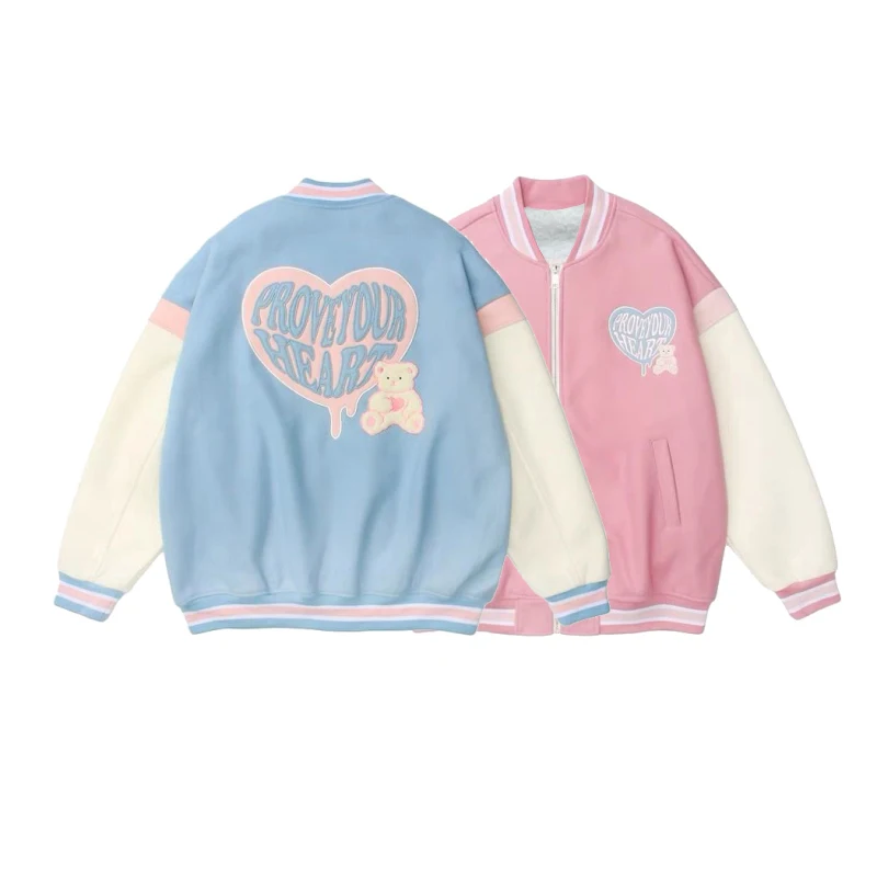 

2022 New Arrival Autumn Couple Heart Foaming Print Women's Oversize Baseball Jacket Unisex Men's Bomber Coat Varsity Vintage Top