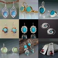 retro fashion tribal green blue crystal stone earrings retro jewelry large geometric bag lock drop earrings women