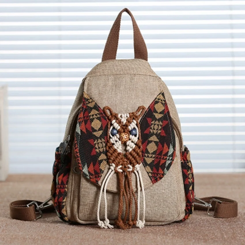 

2023 Handmade Canvas Backpack Women Vintage Weave Bag New National Tassel Backpack For Female Splice Owl Pattern Travel Bag