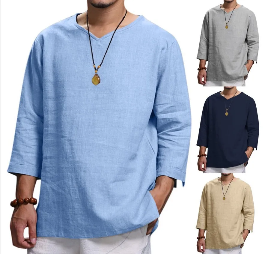 

V-neck Men's Pure Cotton Hemp Shirts Long Sleeve Men Baggy Breathable Casual Shirts Shirts Mens T-Shirt Pullover Tops Blouse