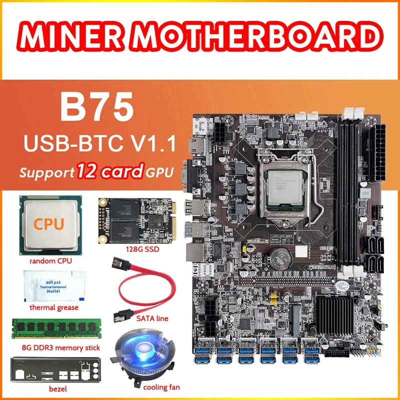 B75 12 Card Mining Motherboard+CPU+Fan+Thermal Grease+8G DDR3 RAM+128G SSD+SATA Cable+Bezel 12XUSB3.0 LGA1155 DDR3 MSATA