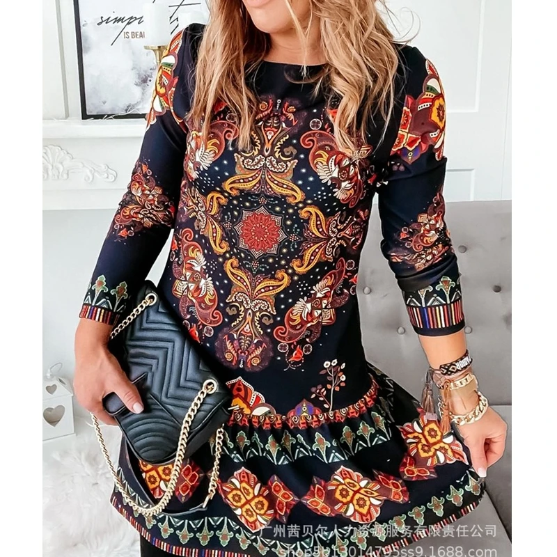 

Women's Dress Spring and Summer Fashion Slim Print High Waist Dress Women's Casual Long-Sleeve O-Neck Dress Vintage Dress