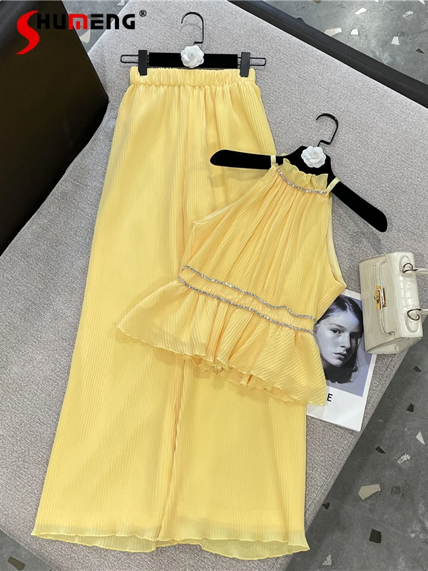 

2022 Summer Female French Gentle Elegant Lace Rhinestone Sleeveless Vest Women High Waist Wide Leg Pants Simple Two-piece Set