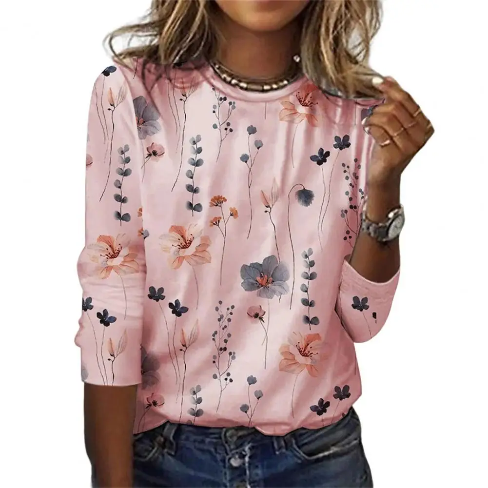 

Blouse Elegant Floral Print Top Floral Print Women's Streetwear Loose Fit Thin Breathable O-neck Long Sleeve Blouses Tops Blusas