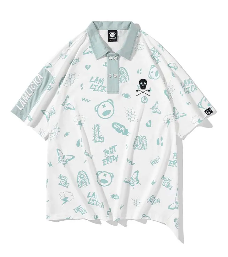 Men's Polo Golf Wear T Shirt Horse Cotton Graffiti Panda Print Couple Summer Loose Versatile Men Lapel Casual Fashion Top 2023