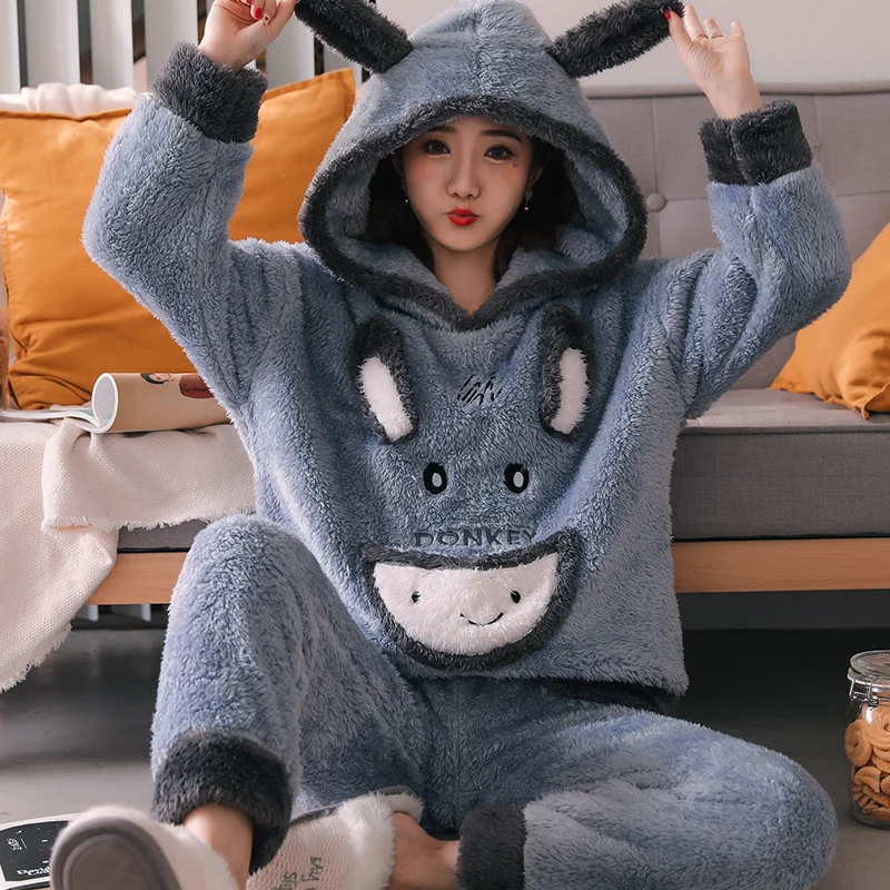 Plush Hooded Homewear Cartoon Pajamas Set Women Sweet Print Full-Sleeve Warm Flannel Sleepwear Loose Pyjamas Clothes Big Size