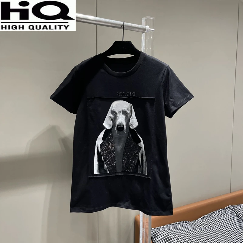

Women High Street Casual Cotton Tee Rhinestone Dog Print Embroidery Letter Round Neck Short Sleeve T-Shirt