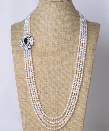 

30-33" 4 Rows Natural Freshwater Cultured White Pearl Green CZ Connector Necklace For Women