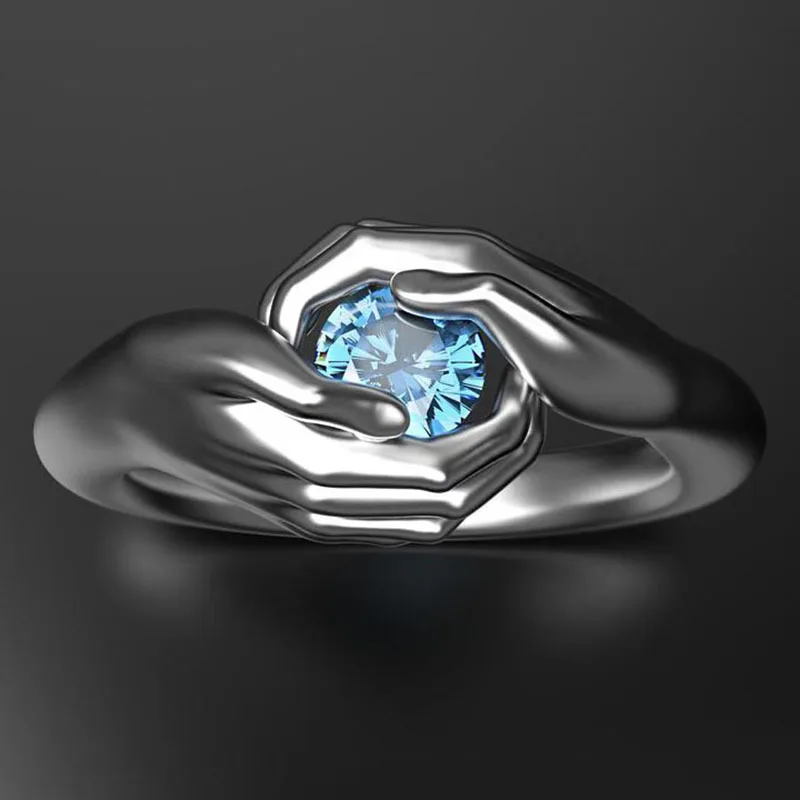 

2021 New Blue Gemstone Ring with Hands Hugging Micro-Inlaid Zircon Ring