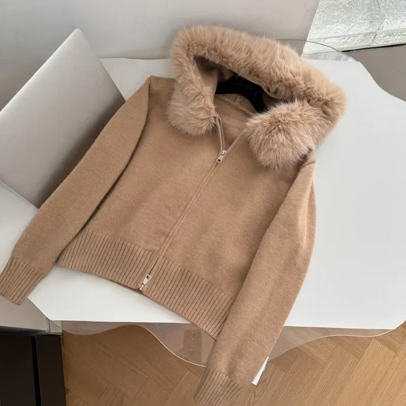 2024 осенне-зимняя одежда женский кашемировый кардиган свитер с капюшоном верхняя