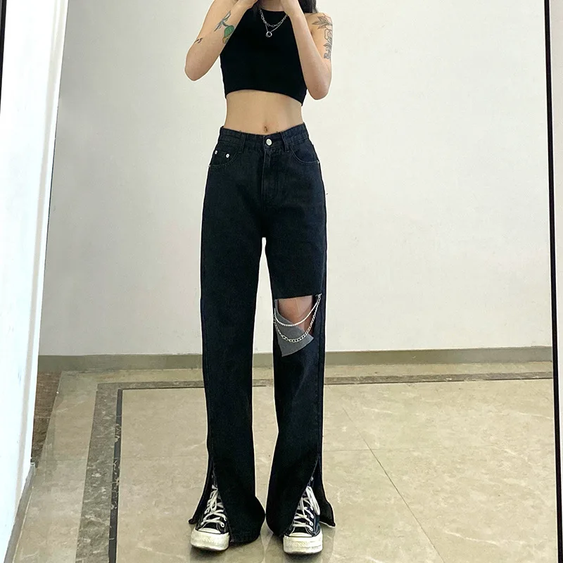 Women's Straight Jeans Spring Summer Autumn 2021 High Waist Ripped Pants Loose Full-Length Black Gray New Thin Denim Trousers