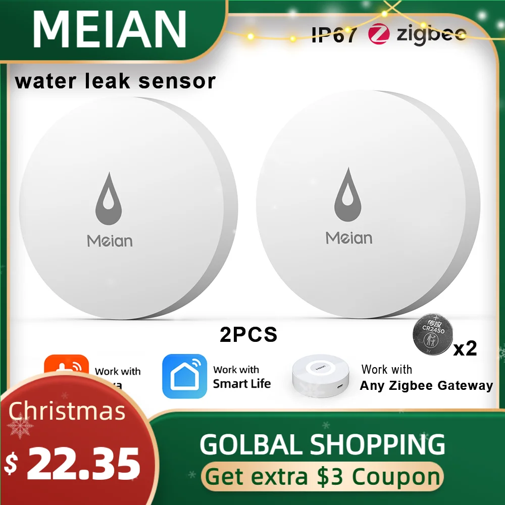 MEIAN ZigBee Linkage Water Immersion Leakage Security Alarm Sensor Water Leak Detector Overflow Alert Waterproof Smart Home 2PCS