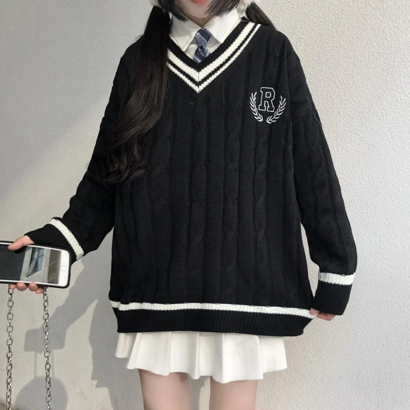 

Новинка 2020 японская одежда свитер Jk Свободный V-образный вырез обычный длинный рукав студенческий вязаный свободный Женский пуловер