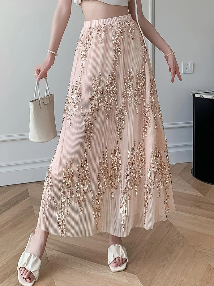 

Fitaylor Новая Летняя женская модная сетчатая юбка трапециевидной формы с блестками, Женская Повседневная Эластичная однотонная длинная юбка с высокой талией