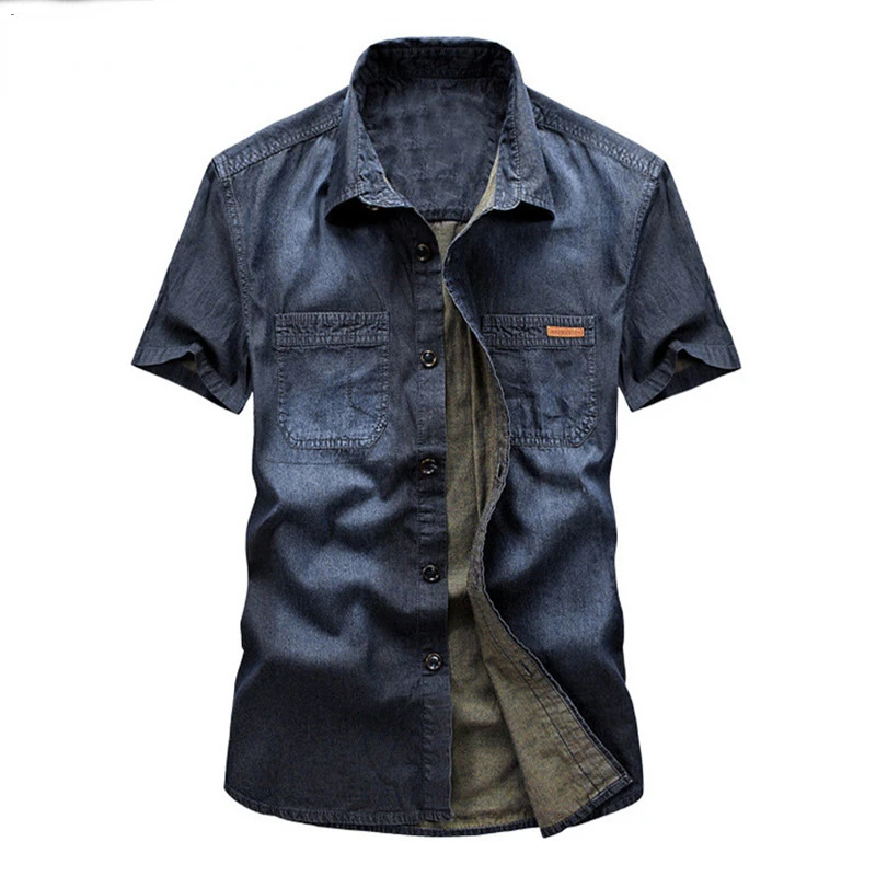 

New2022 Denim Shirt Men 2022 New 100% Cotton Washed Blue Short Sleeve Cowboy Shirt Male Brand Clothes