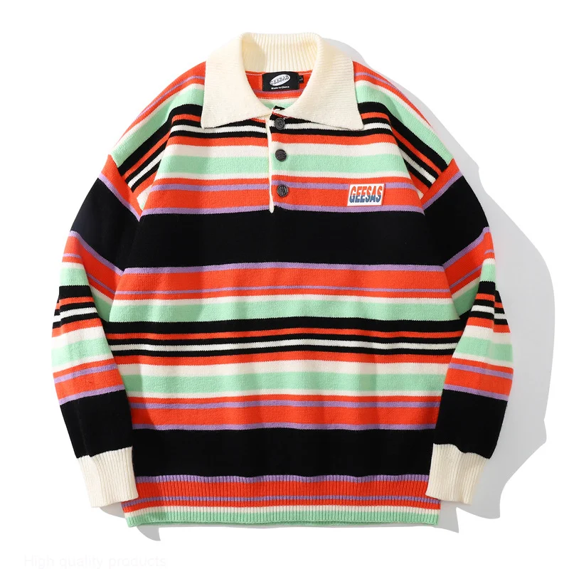 

Harajuku Rainbow Striped Knitted Pullover Sweaters Men Hip Hop Patchwork Streetwear 2023 Male Fashion Retro Polo Neck Sweater