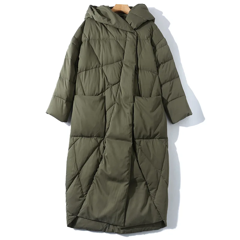 Women Down Jacket Winter Fashion Loose and Thickened 90 White Duck Down Medium Length Hooded Coat