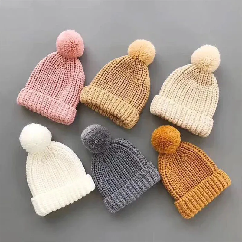 

Baby Knitted Winter Hat Boys Girls Pompom Cap Crochet Knitted Candy Color Toddler Beanie Cap Infant Kids Children Hairball Hats