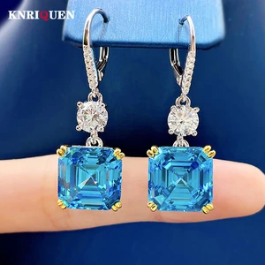 Charms Luxury 100% 925 Sterling Silver 12*12mm Aquamarine Drop Clip Womens Earrings High Carbon Diamond Wedding Fine Jewelry