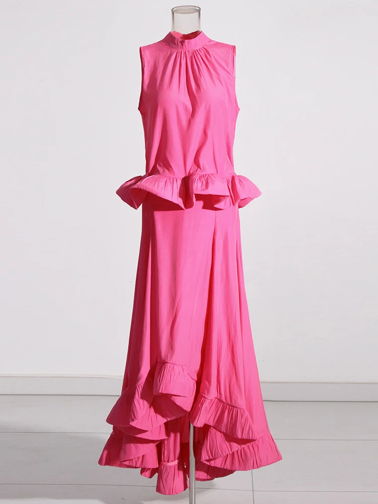 TWOTWINSTYLE Solid Two Piece Sets For Women Stand Collar Sleeveless Tops High Waist Irregular Ruffles Skirts Summer Set Female