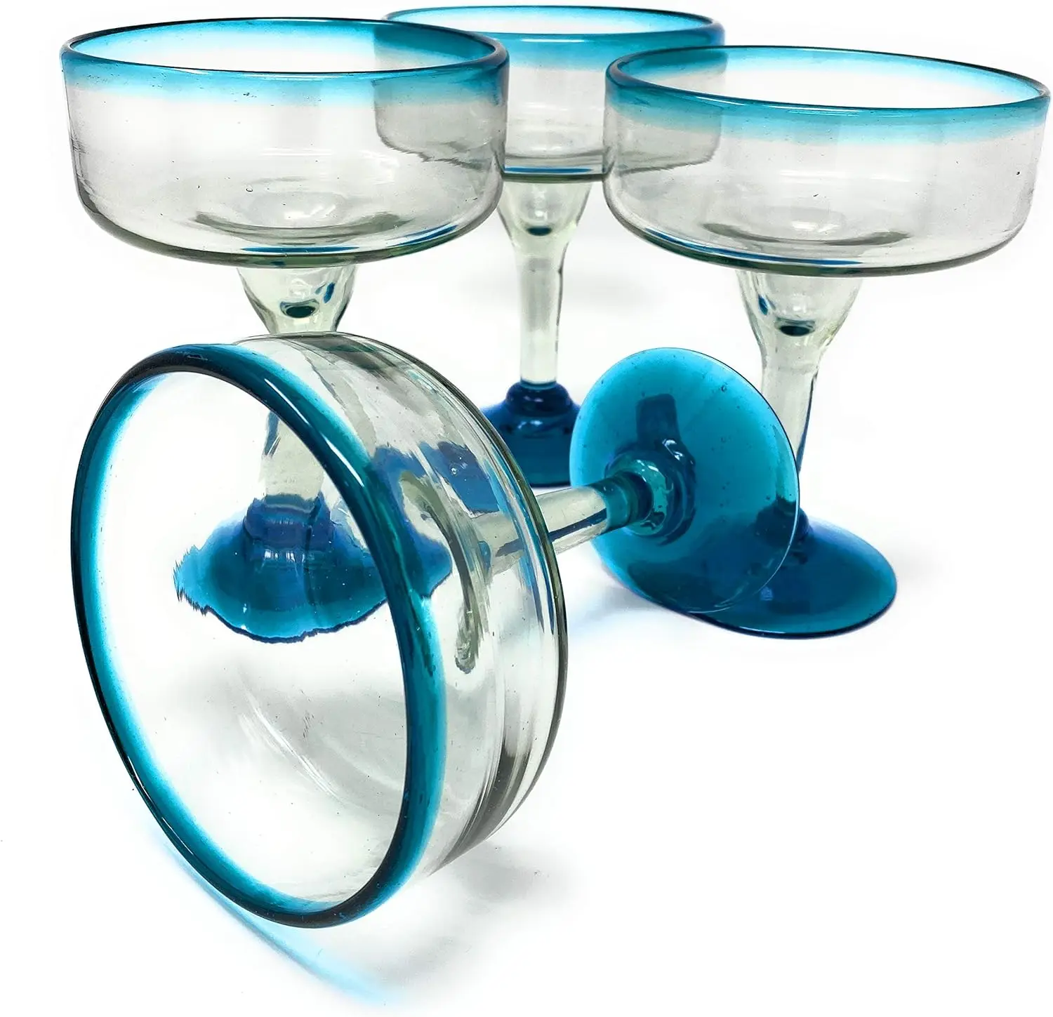 

Hand Blown Glass \u2013 Set of 4 Hand Blown Margarita Glasses (16 oz) with Aqua Blue Rims Glass straw Personalized champagne flu