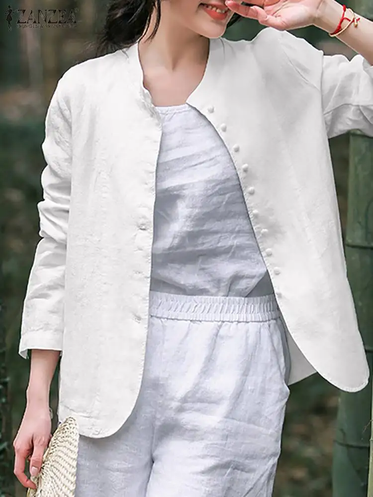 

2023 ZANZEA Autumn Fashion Button Shirt Vintage Solid Cardigan Woman Long Sleeve O-Neck Jackets Female Casual Streetwear Coats