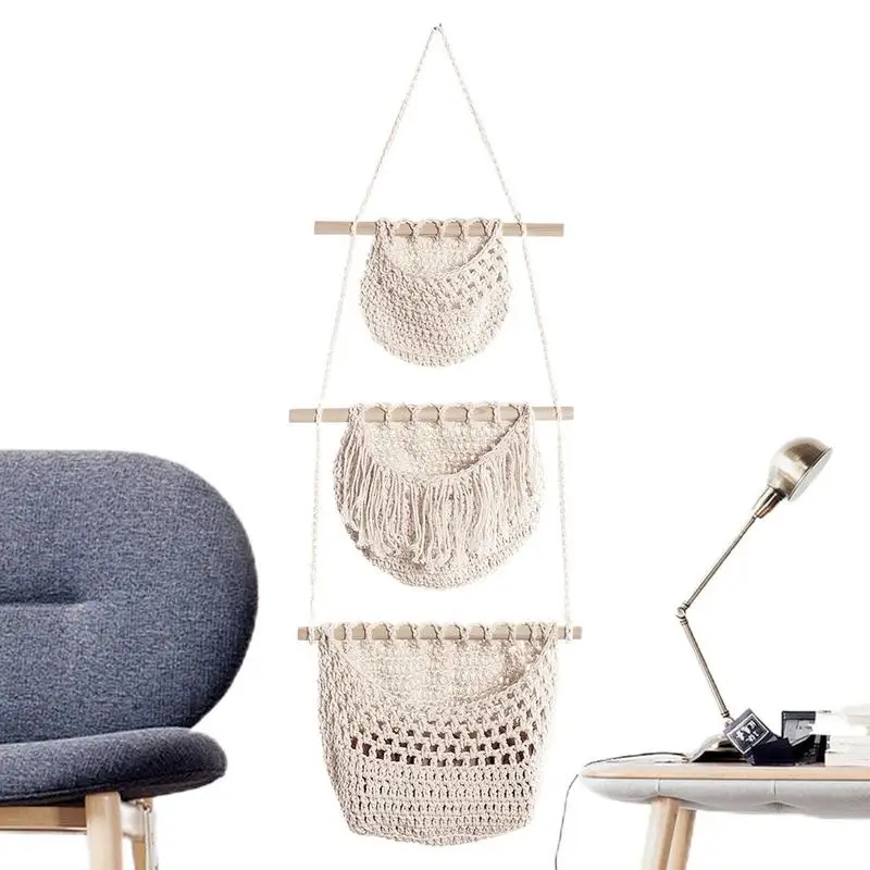 

Hanging Fruit Basket Bohemia Cotton Rope Hanging Basket Kitchen Baskets 3 Tier Boho Decor Book Debris Storage Hanging Bag Fruit